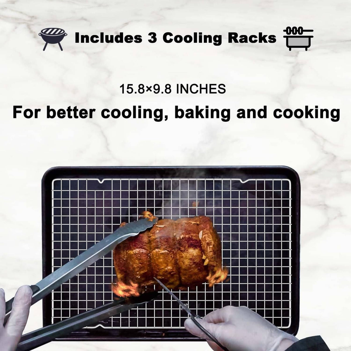 Silver cooling rack, 15.8 in x 9.8 in, with raised wire grid for better cooling