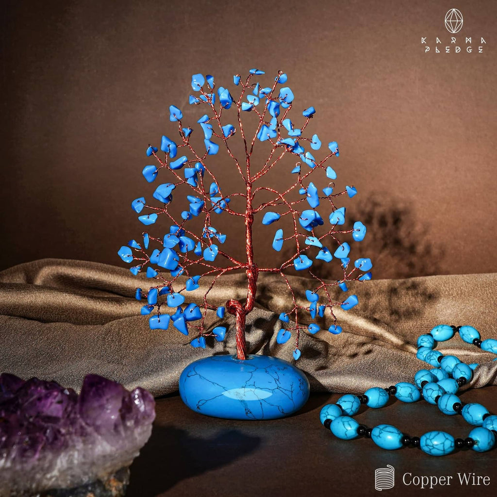 Turquoise crystal tree ornament with blue stone base, copper wire and crystal chips