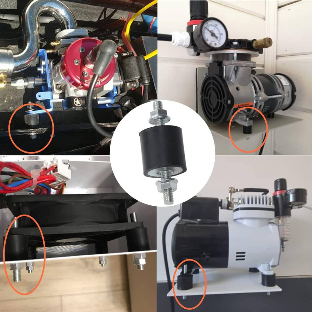 Rubber vibration isolator mounts installed on equipment, black cylinders with silver bolts