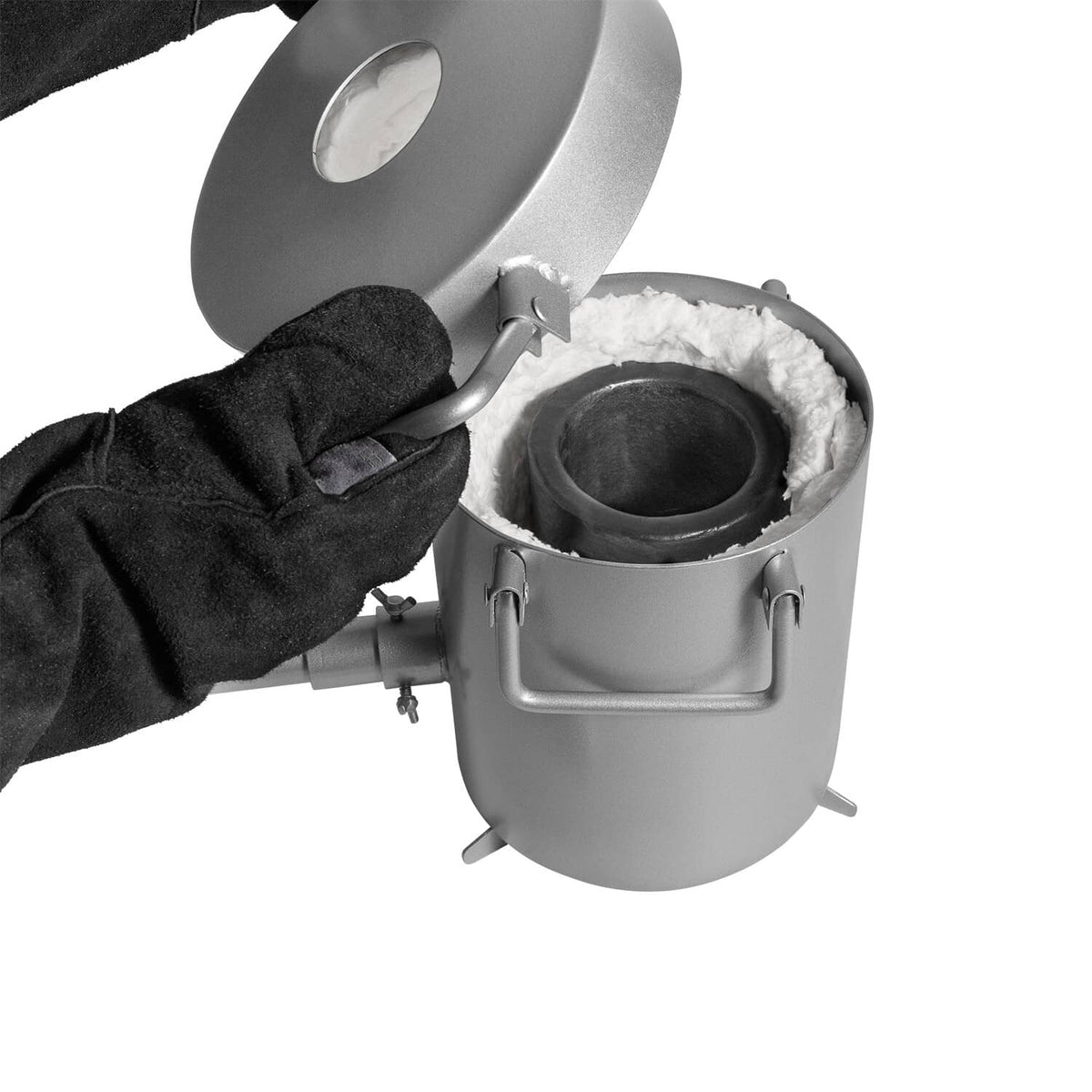 Propane smelting furnace with lid, crucible and heat-resistant glove holding handle