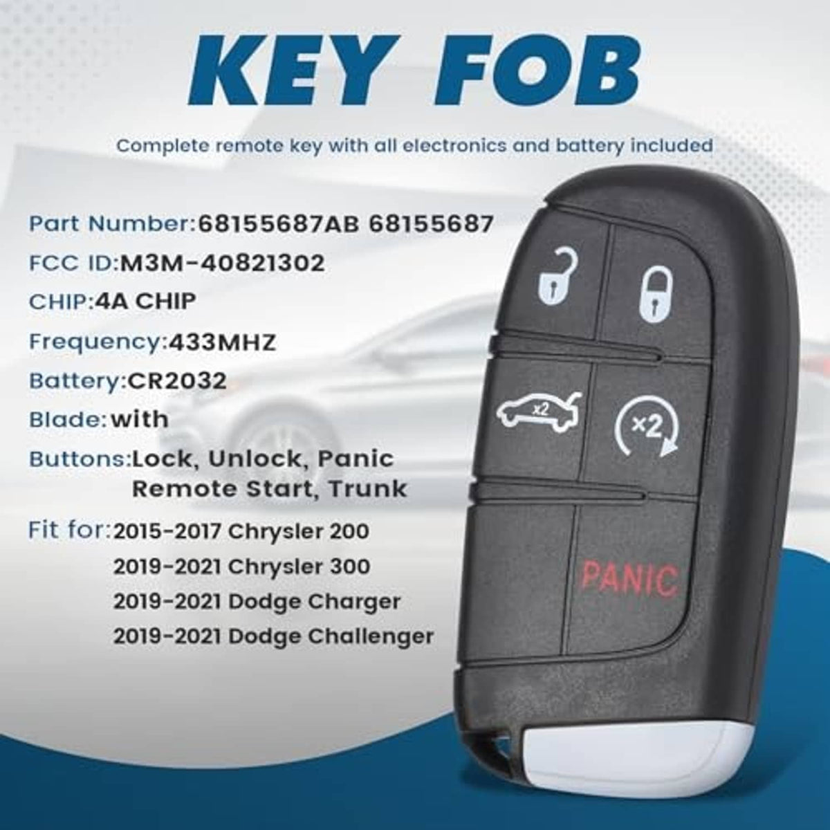 Black car key fob with key icons and red “PANIC” label, includes spare key blade