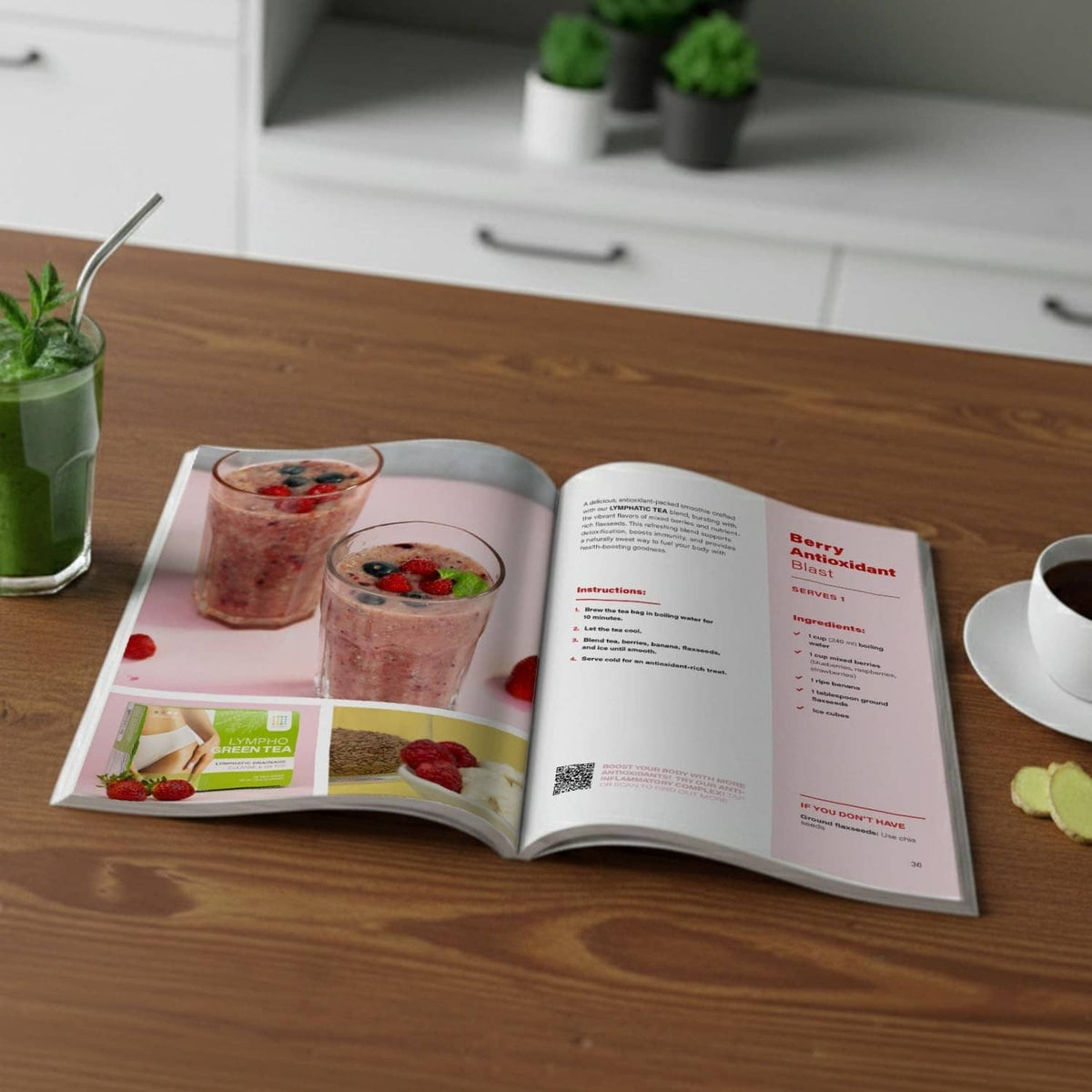 Open detox recipes book with printed instructions and tea images
