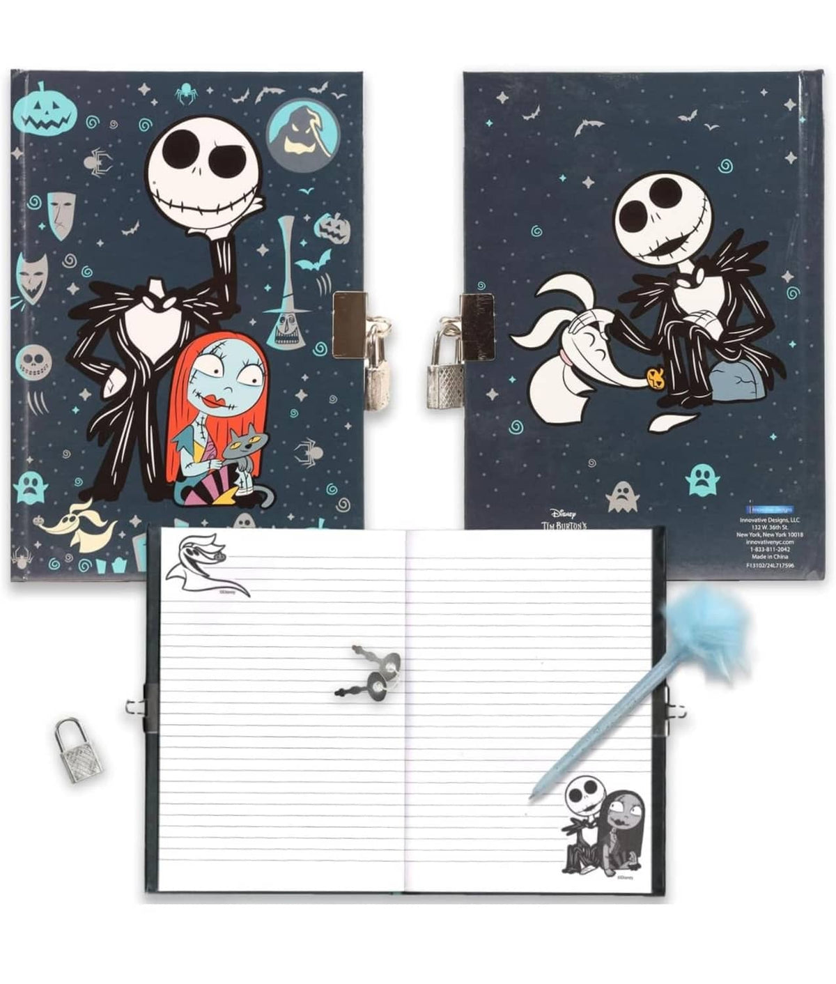 Locked journal diary open with lined pages, two padlocks, and blue pom pen