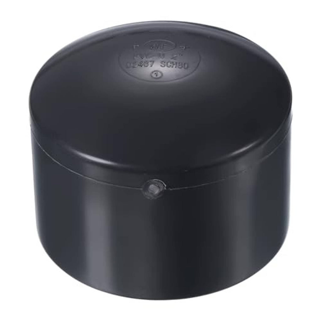 Black round UPVC pipe end cap plug fitting, smooth lid with embossed marking and center nub