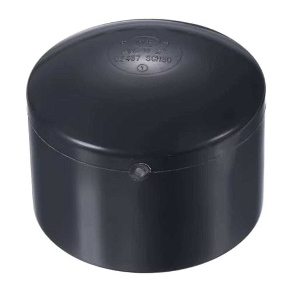 Black round UPVC pipe end cap plug fitting, smooth lid with embossed marking and center nub