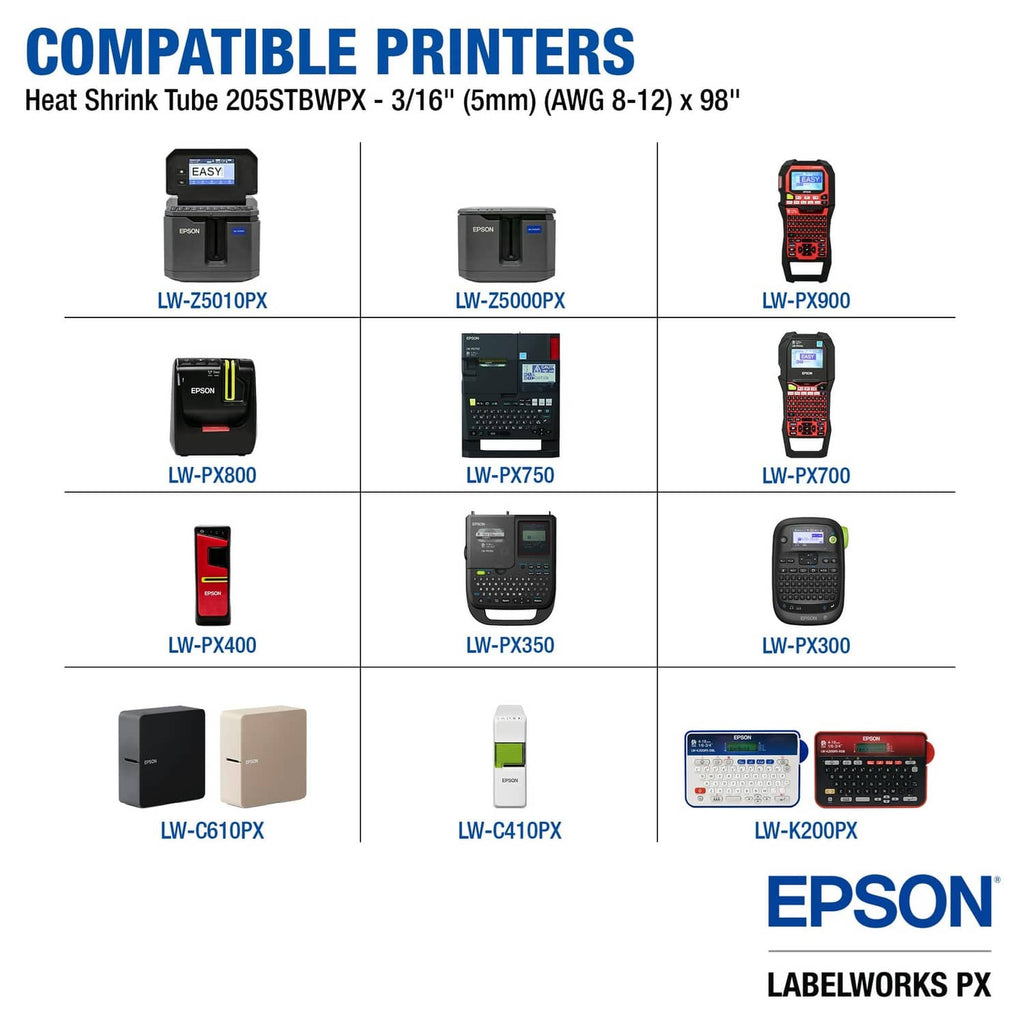 Compatible printers chart for 5/16in (5mm) black-on-white heat shrink tube, 98in