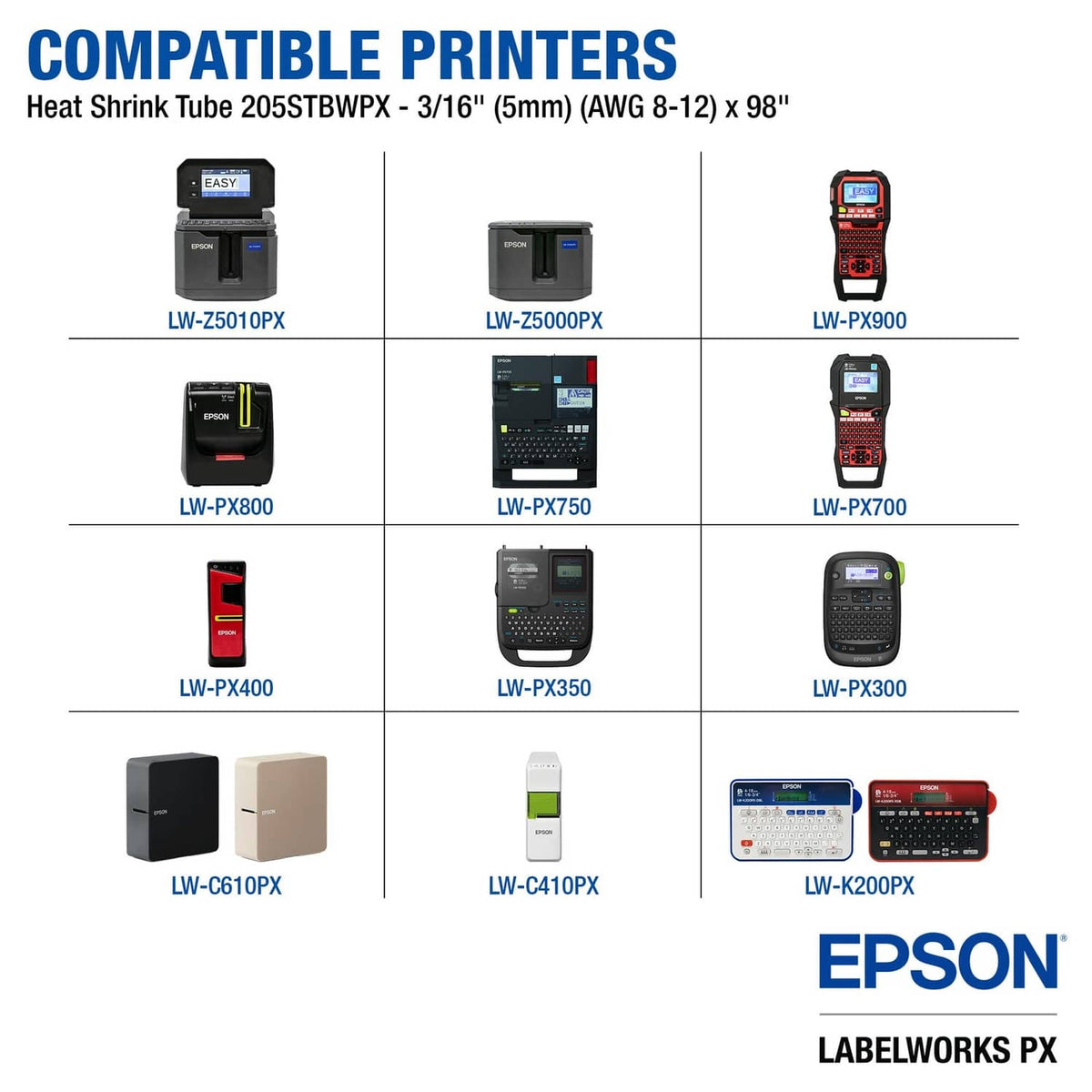 Compatible printers chart for 5/16in (5mm) black-on-white heat shrink tube, 98in