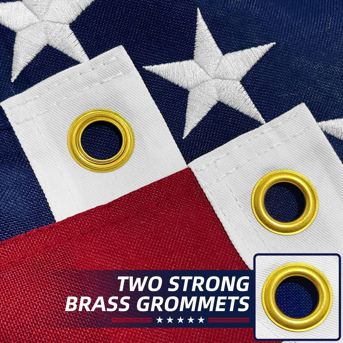American flag corner with two brass grommets on white stripe