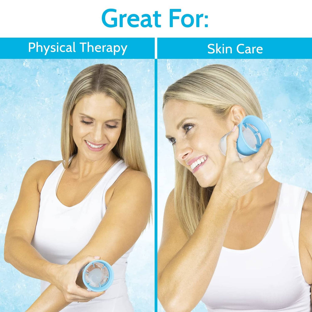 Ice roller for face and skin, blue circular roller tool in use