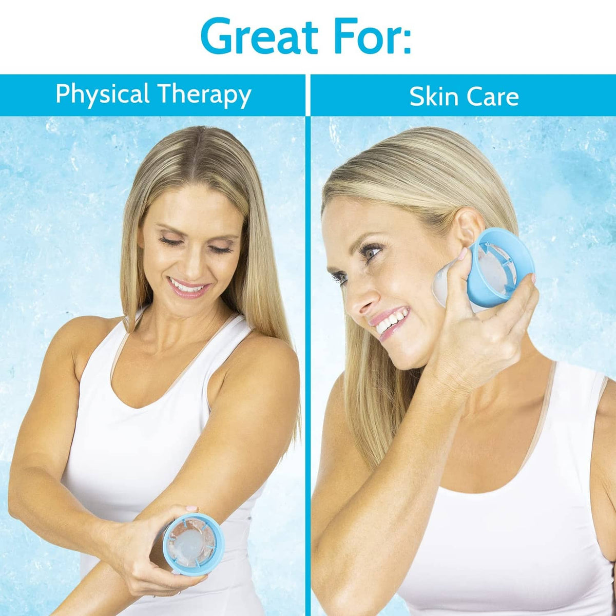 Ice roller for face and skin, blue circular roller tool in use