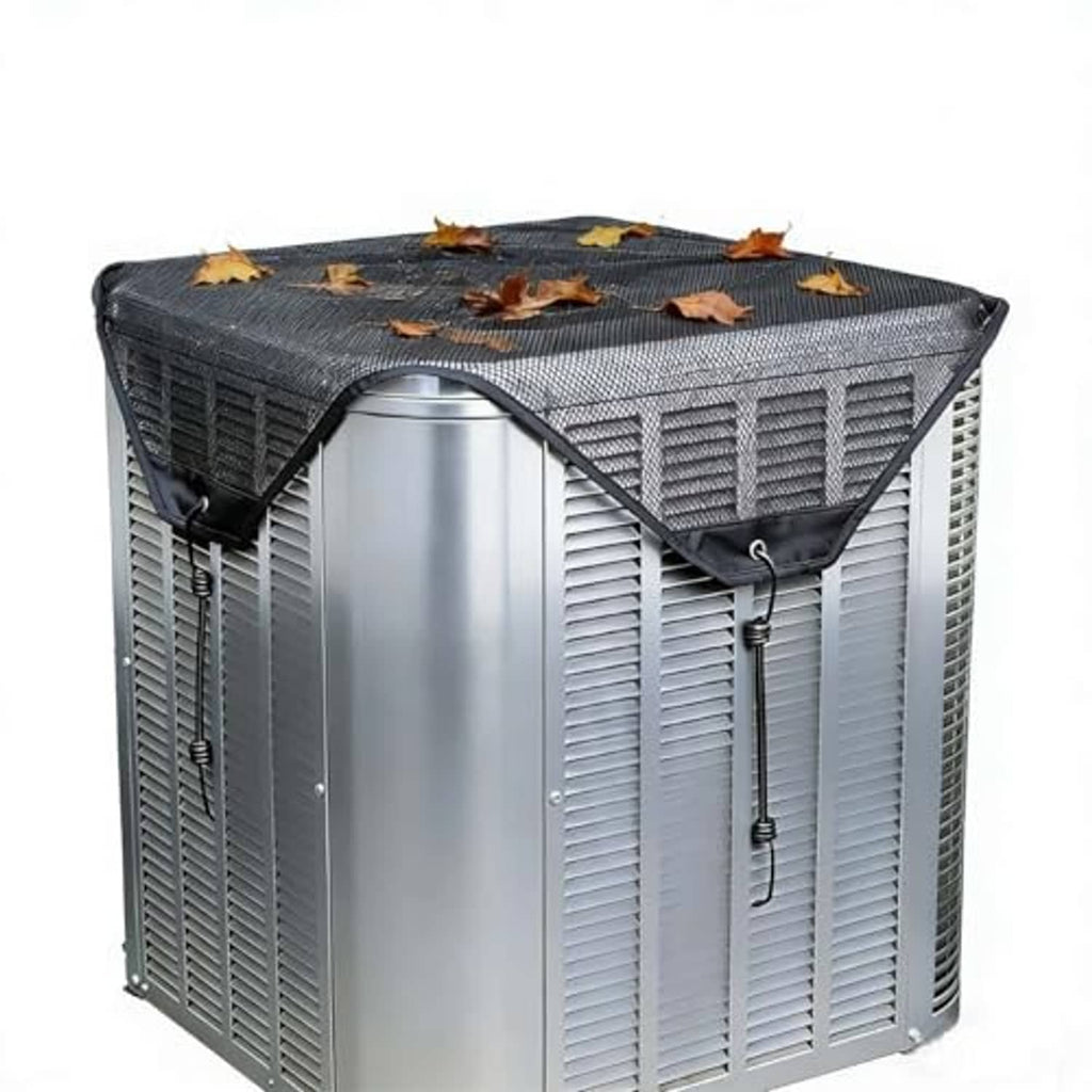 Square outdoor AC mesh cover, dark gray, with front cutout and tie straps