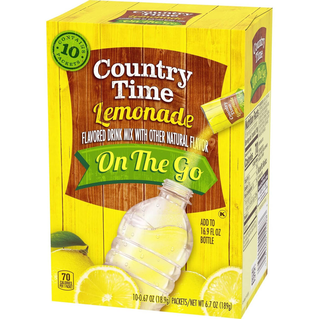 Country Time lemonade powdered drink mix box showing side panel and bottle illustration