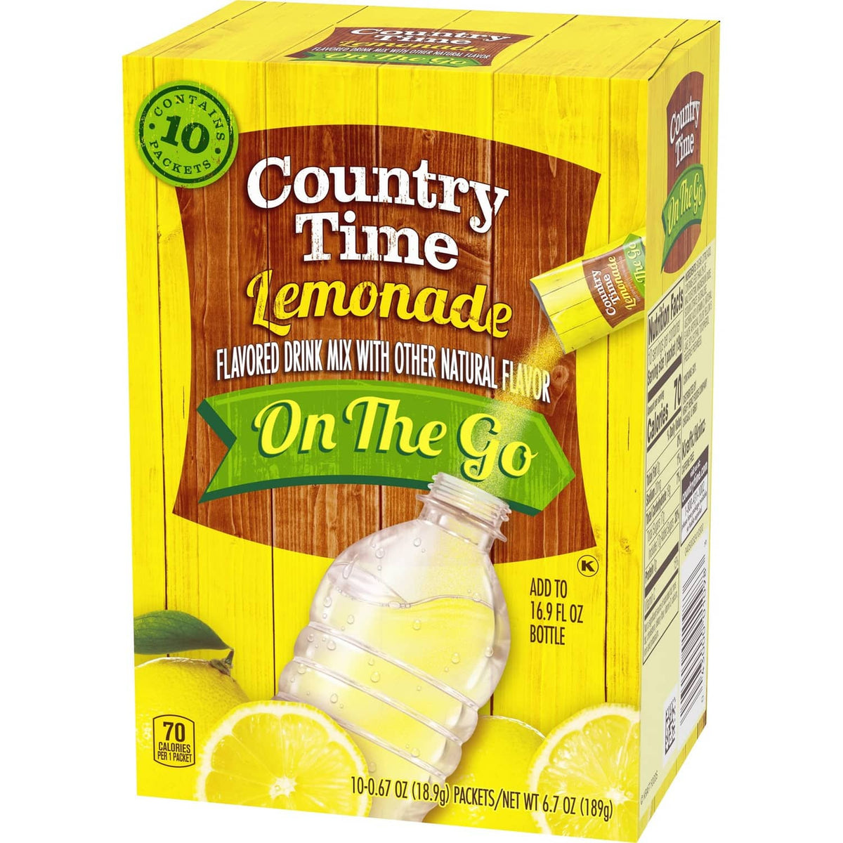 Country Time lemonade powdered drink mix box showing side panel and bottle illustration