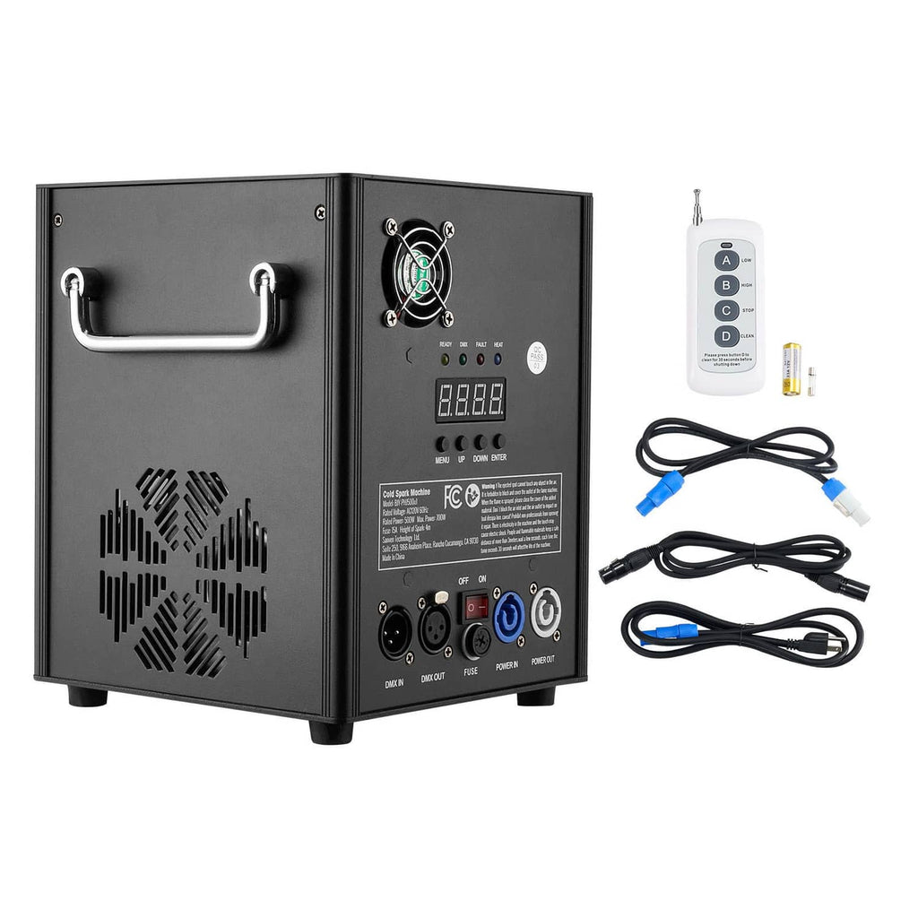 Black cold spark machine with handle, rear panel ports, power cables and remote