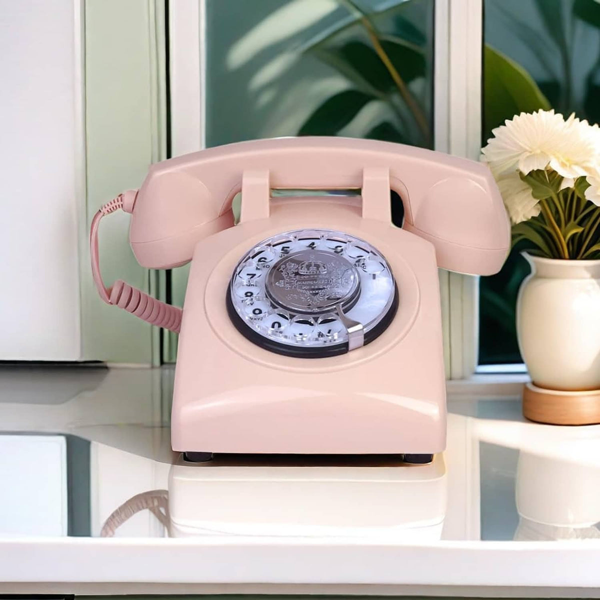 Pink rotary dial corded telephone handset resting on cradle