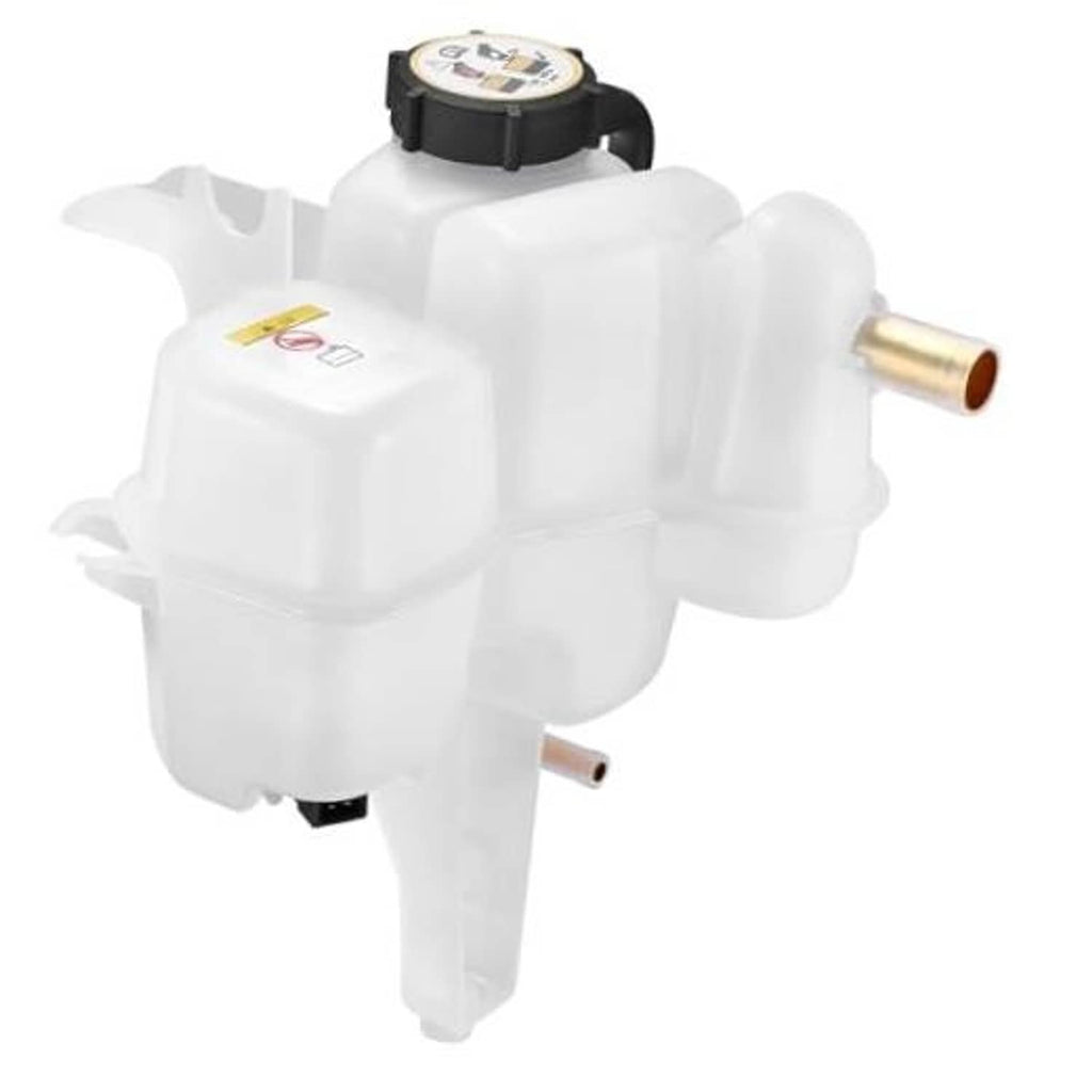 White engine coolant reservoir tank with black cap and brass outlet tube