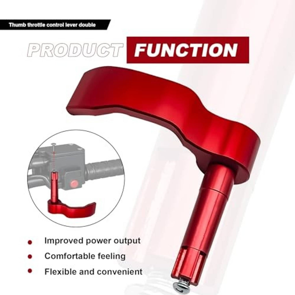 Red thumb throttle control lever in use position on vehicle handle area