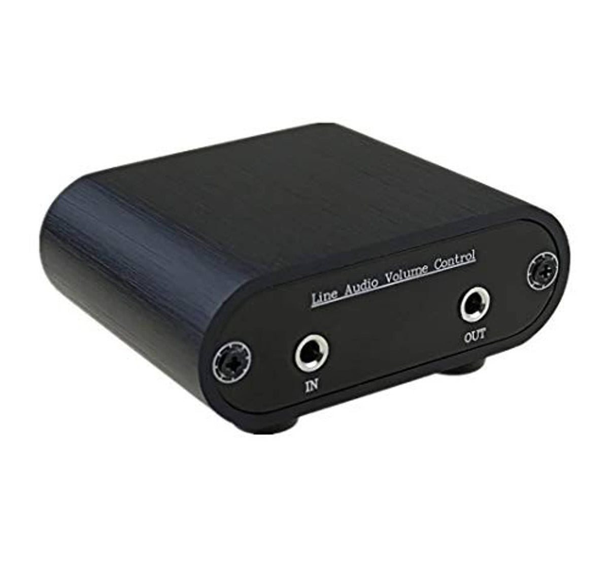 Dark blue line audio volume control box with IN/OUT ports and volume knob, compact metal.
