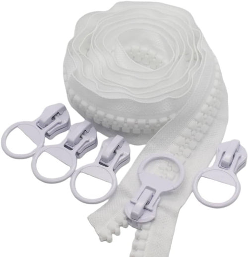 White heavy-duty plastic zipper rolls with 5 loop pulls and sliders