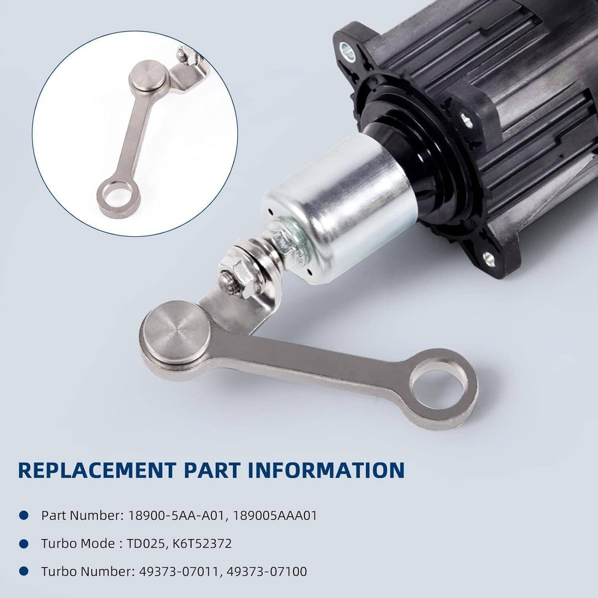 Wastegate valve actuator solenoid with silver shaft, metal lever, and black housing