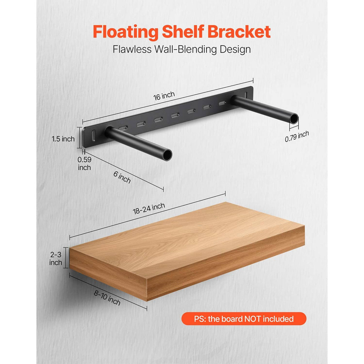 Black floating shelf bracket with two cylindrical arms and a row of mounting slots