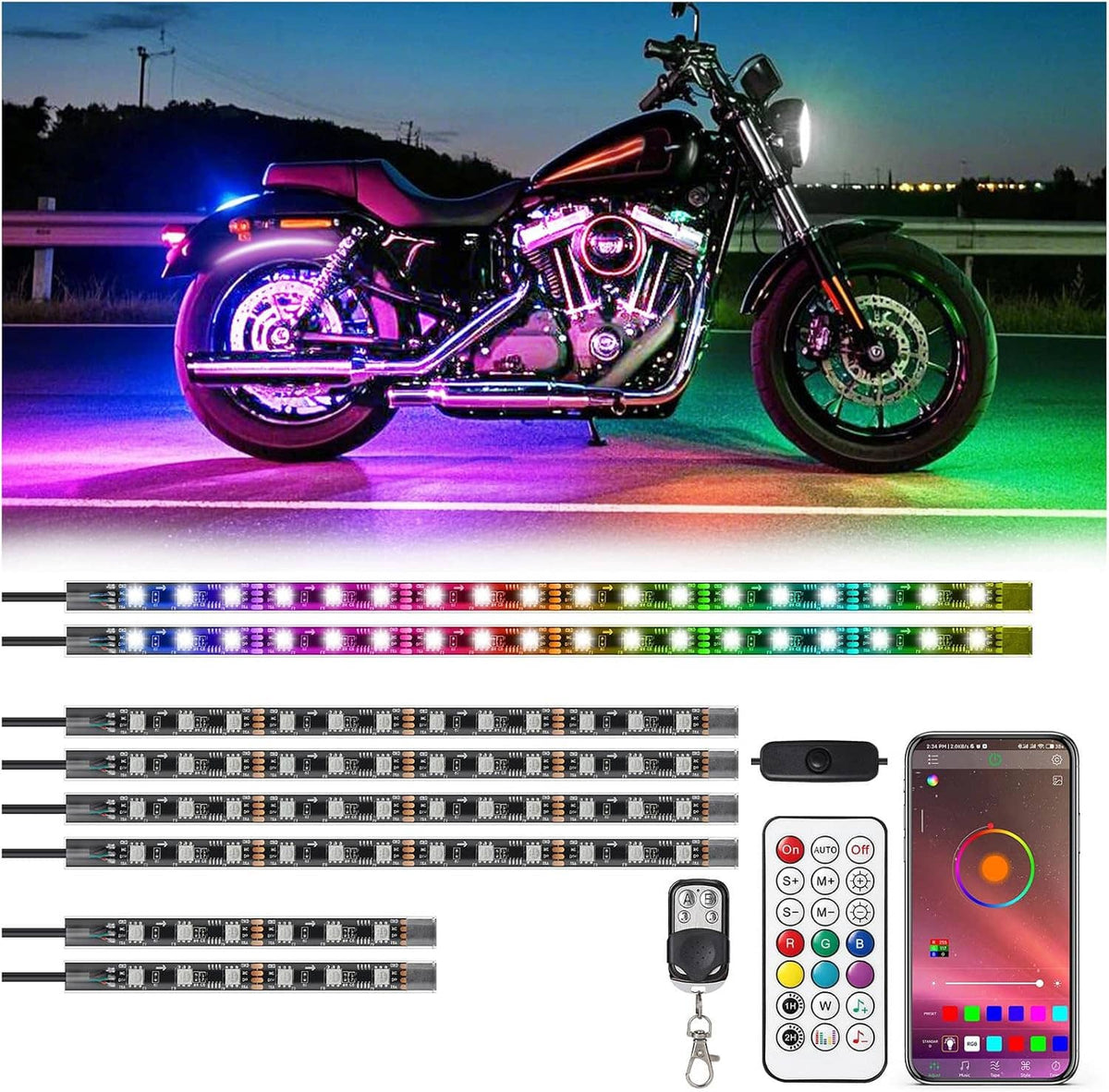 Motorcycle RGB LED light strips kit with app phone and RF remote, glowing blue and green