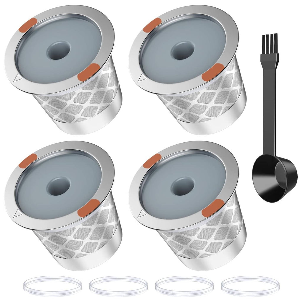 Set of 4 reusable stainless steel coffee filters with gray lids and mesh baskets