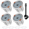 Set of 4 reusable stainless steel coffee filters with gray lids and mesh baskets