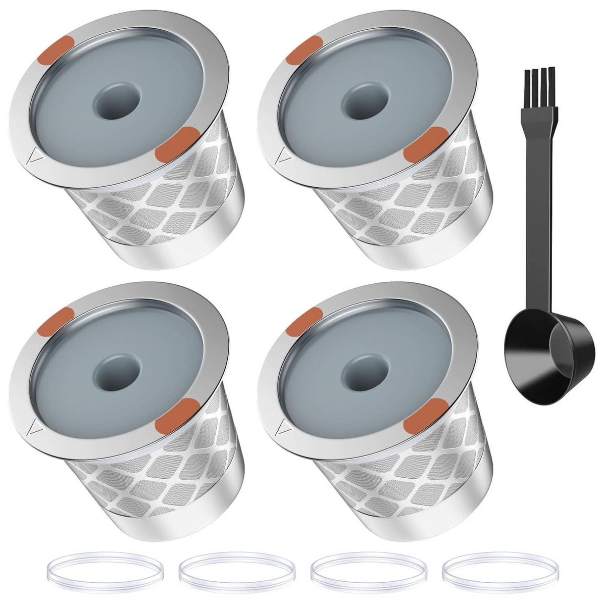 Set of 4 reusable stainless steel coffee filters with gray lids and mesh baskets