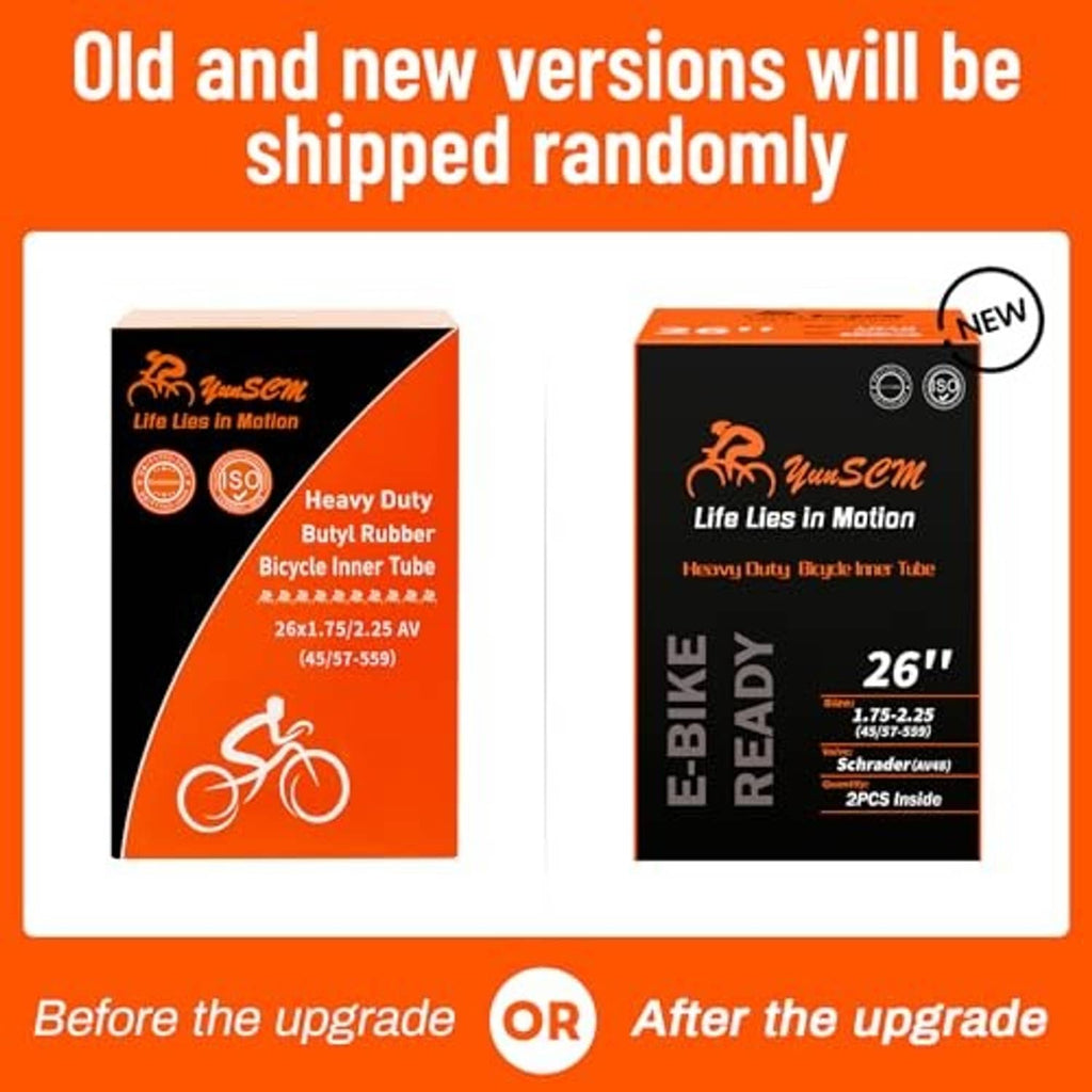 Heavy duty bike inner tube packaging showing old and new versions shipped randomly