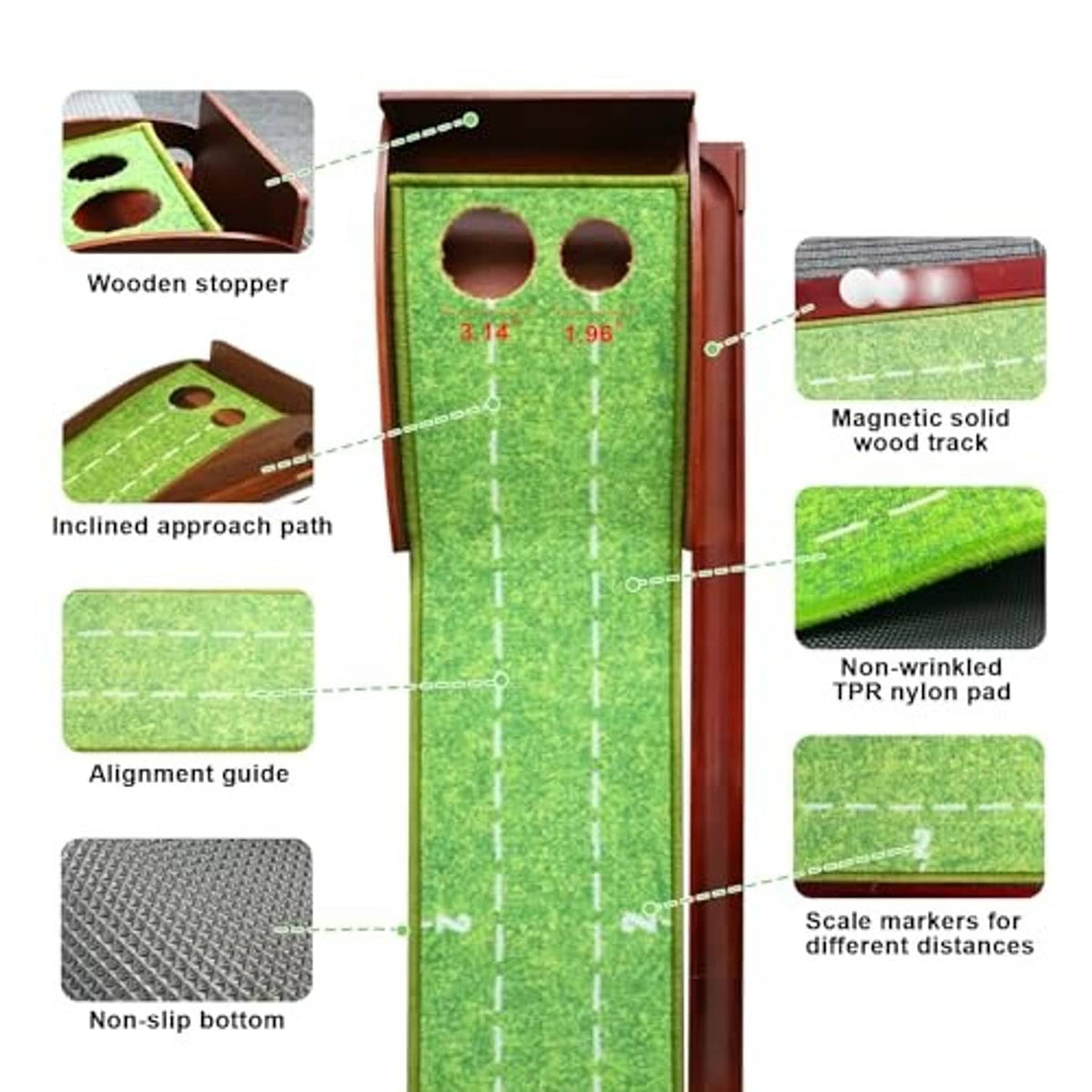 Golf putting mat in wooden frame with alignment guide, non-slip bottom, and stopper