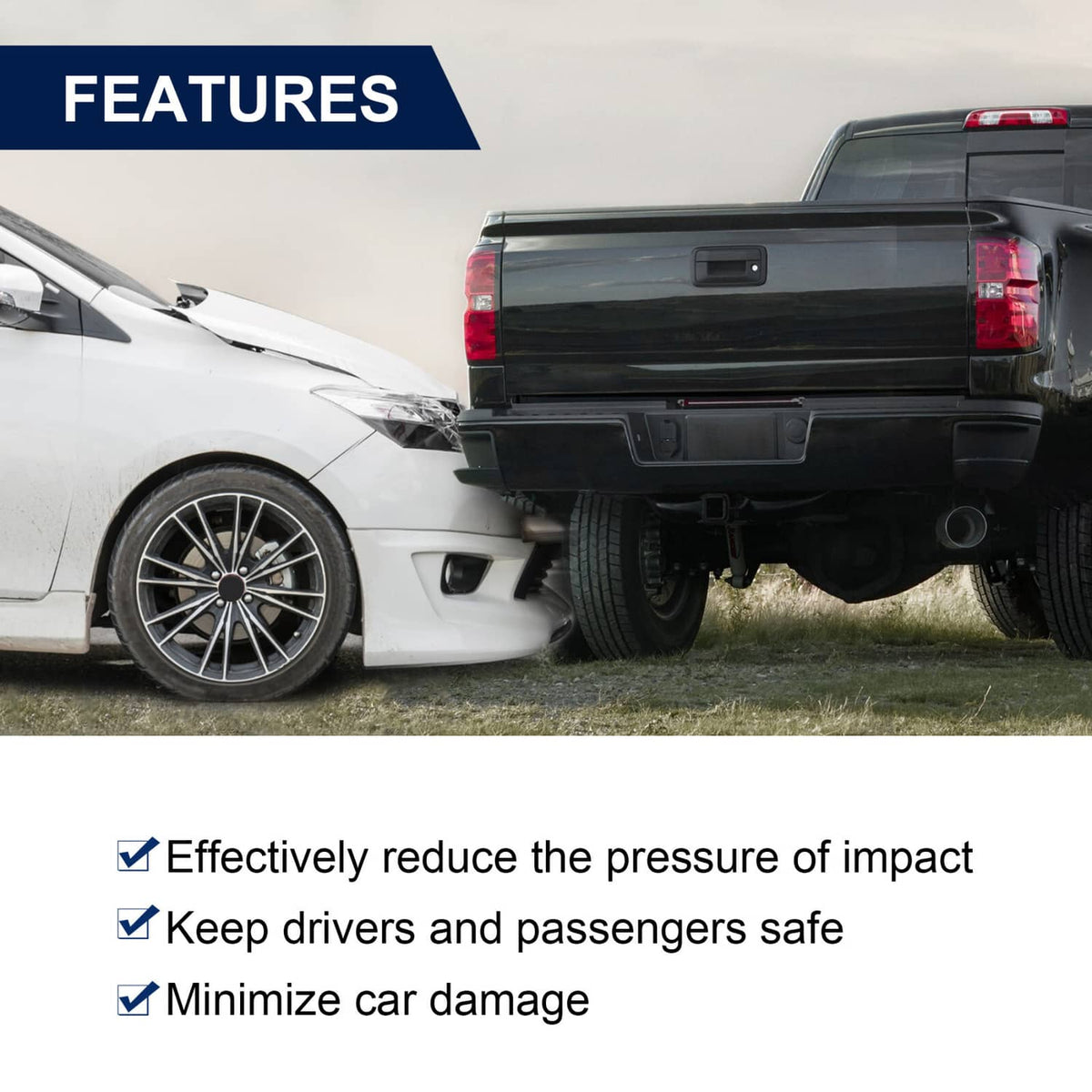 Black rear step bumper on pickup rear, rugged textured step with center cutout