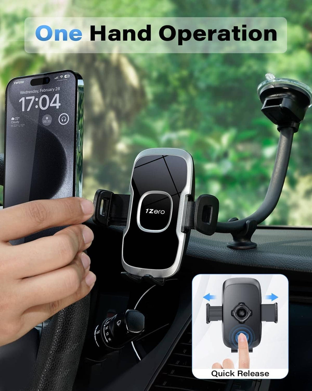 Phone mount with adjustable black clamp and long arm, phone being placed by hand