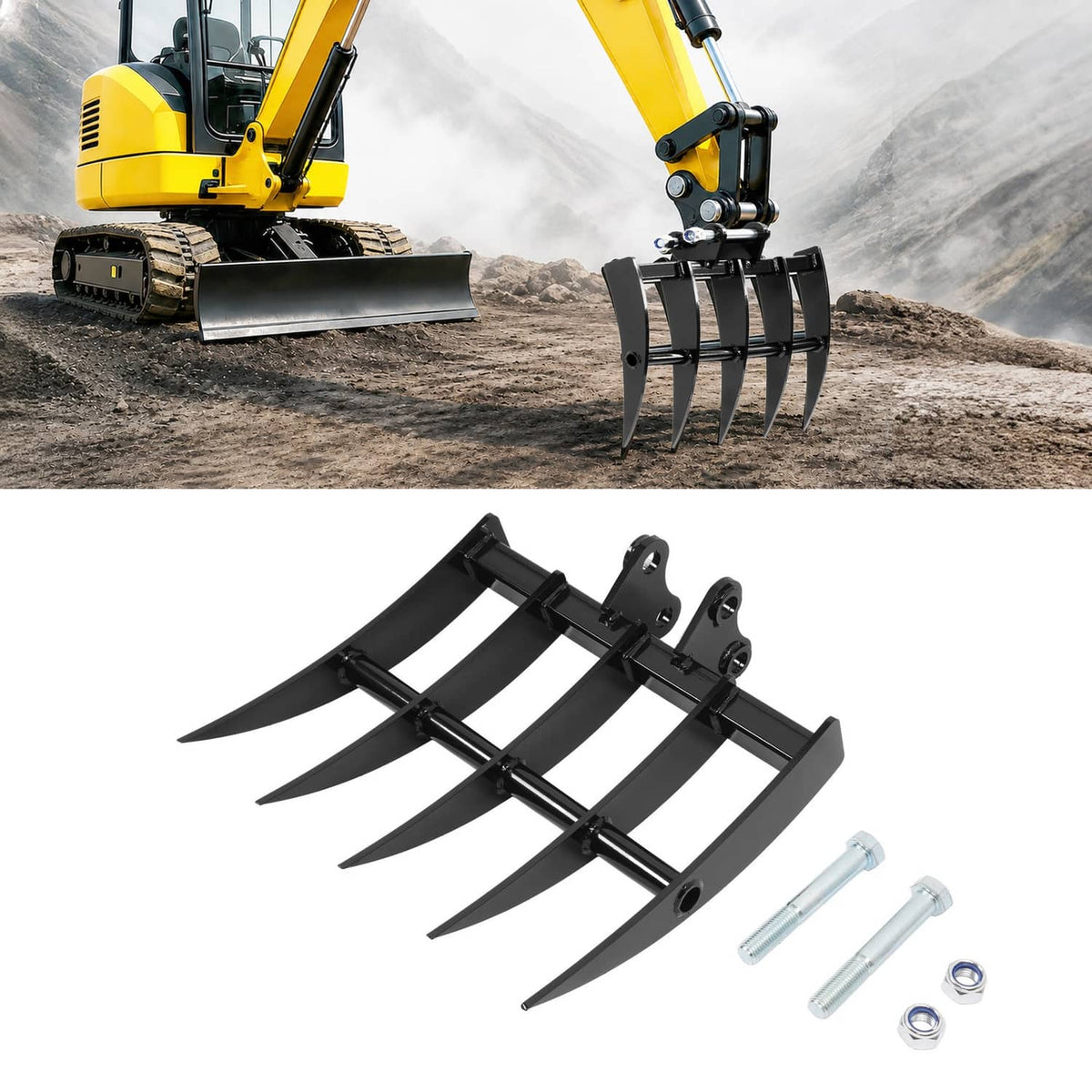 Mini excavator rake attachment with five curved steel tines and mounting frame, black