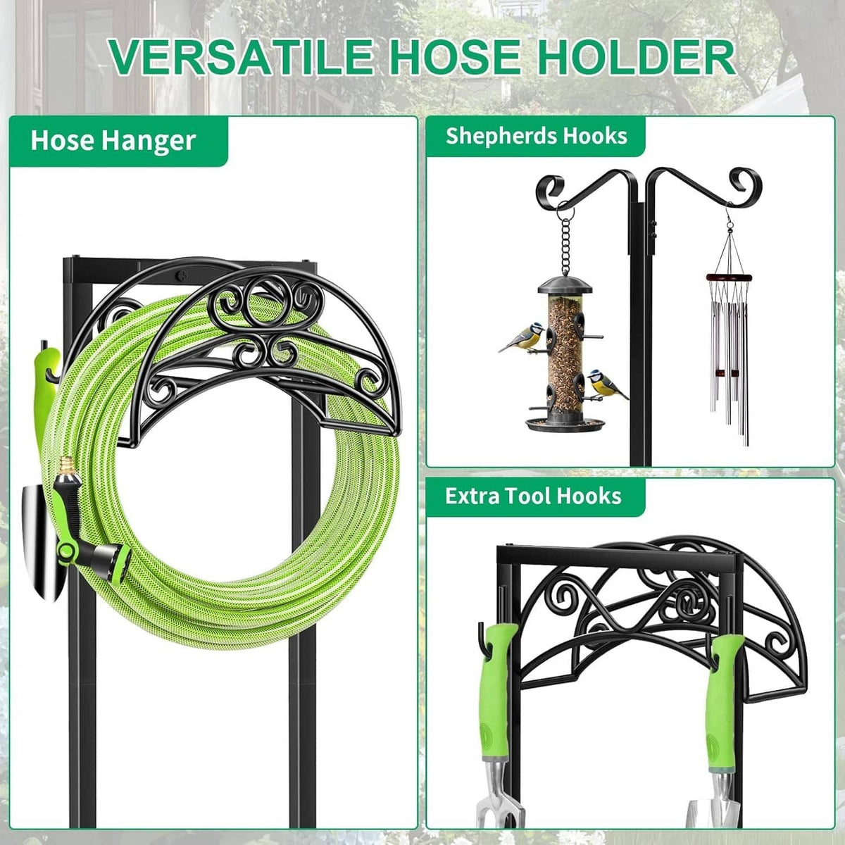 Black hose hanger with green coiled hose, shepherd hooks and extra tool hooks