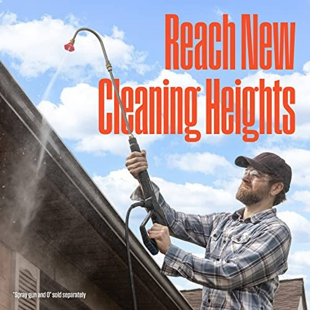 Gutter-cleaning pressure washer wand spraying a roof gutter; long metal lance with brass fitting