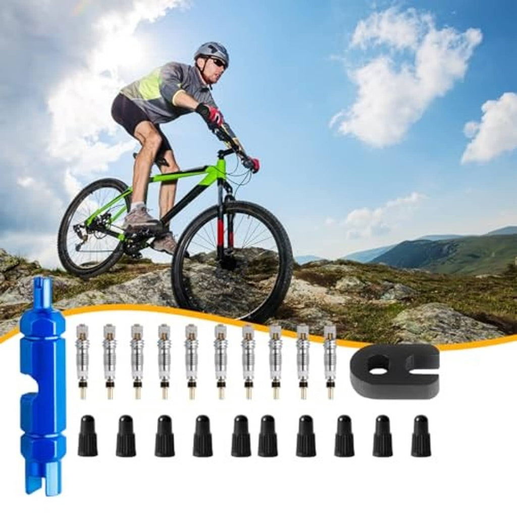 Bike valve core kit set with blue tool, multiple alloy cores, and black caps