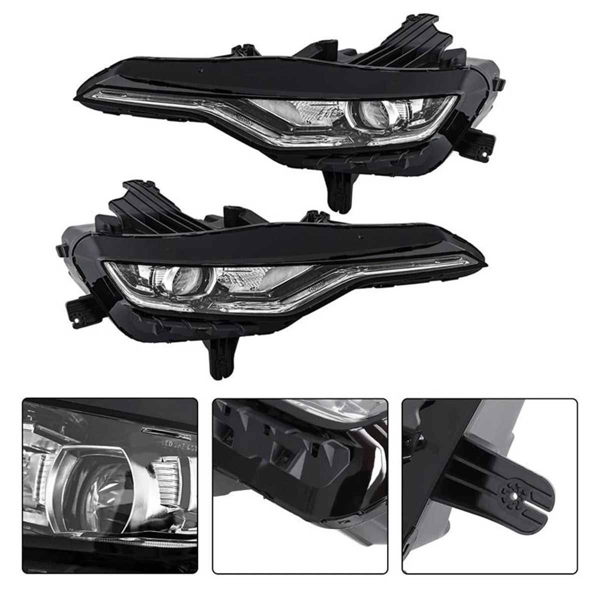 Pair of black LED DRL headlights with clear lens and chrome reflector, detail views