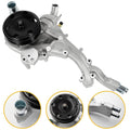 Water pump with thermostat, silver housing with black pulley and metal coolant inlet