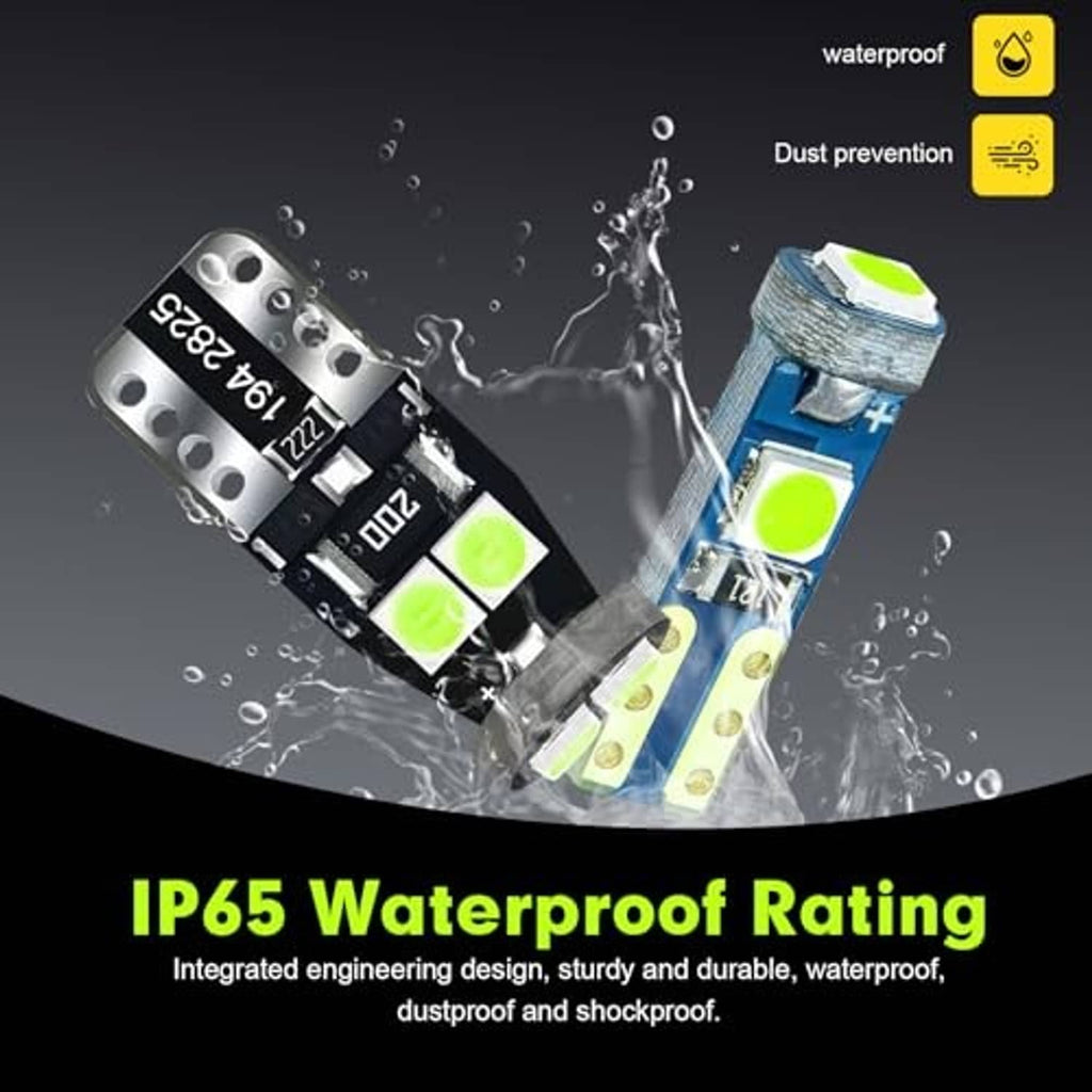 Waterproof LED instrument bulb pair with lime green LED chips on blue and black housings