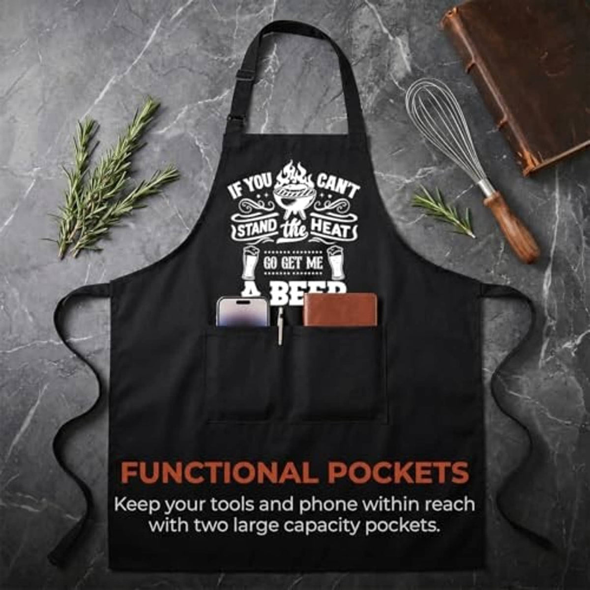 Black BBQ apron with beer graphic, two large front pockets, adjustable neck strap.