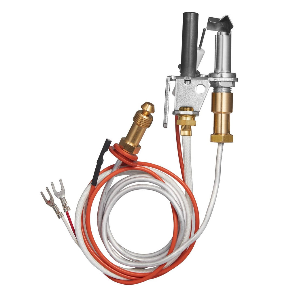 Gas pilot assembly valve with metal bracket, solenoid tubes, and wire leads