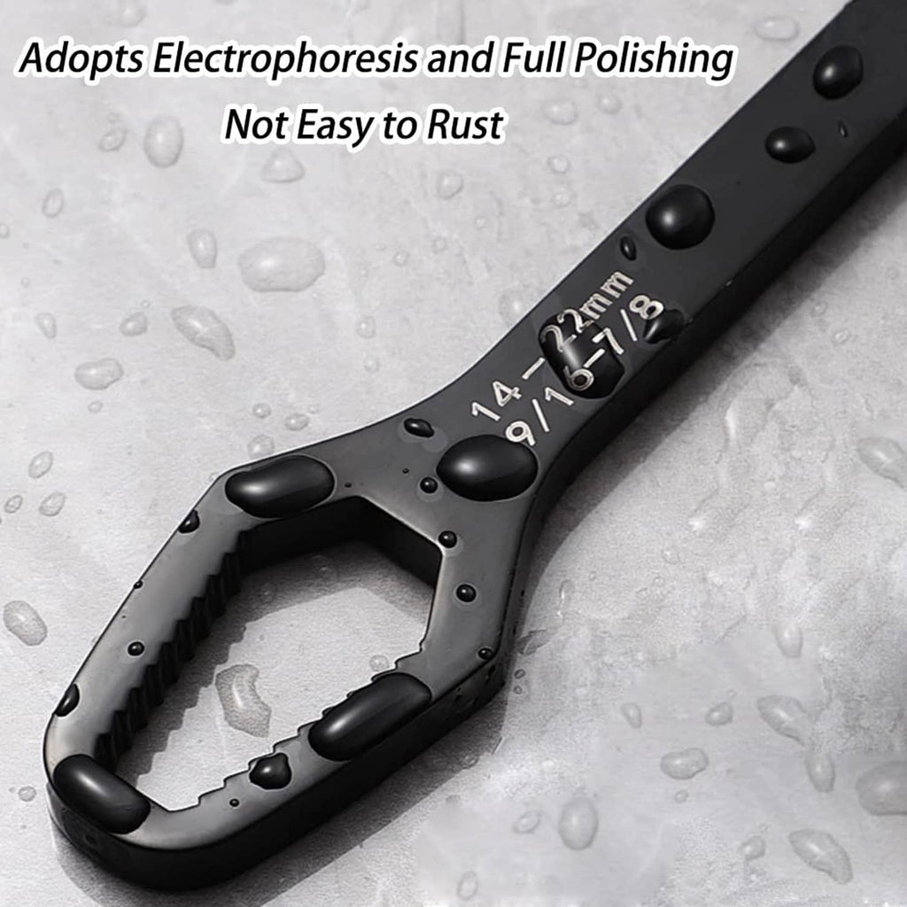 Black adjustable wrench with toothed jaw and stamped size markings on the handle