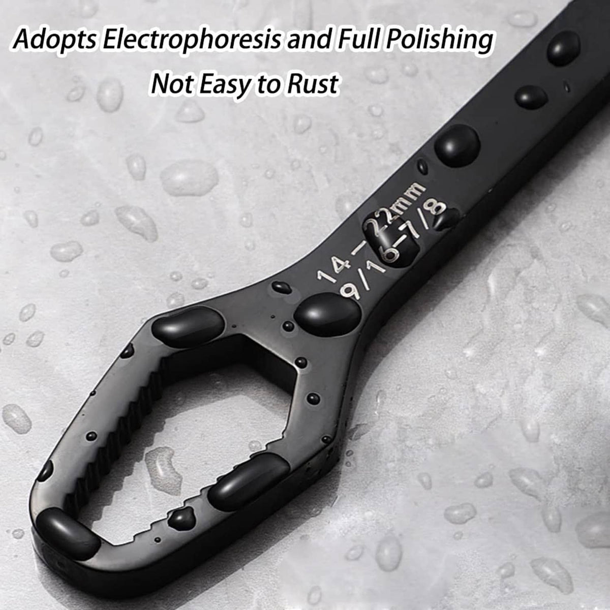 Black adjustable wrench with toothed jaw and stamped size markings on the handle
