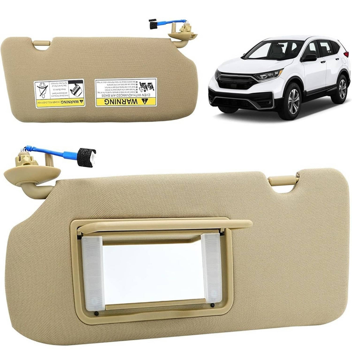 Beige left driver sun visor with vanity mirror window and mounting clips