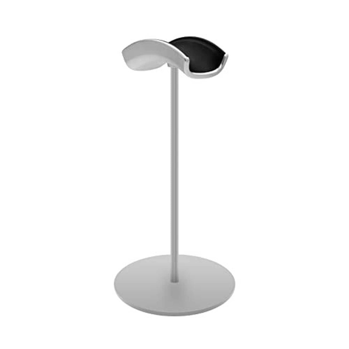 Silver metal headphone stand, angled view, circular base with upright pole and gray/black cradle