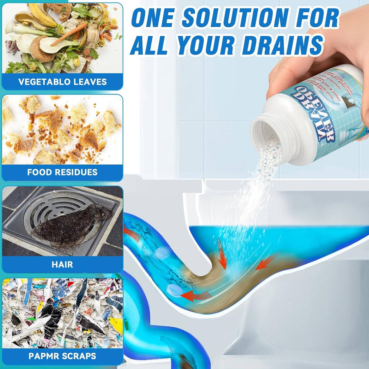 Drain cleaner bottle pouring into bathtub drain, with debris category icons on left