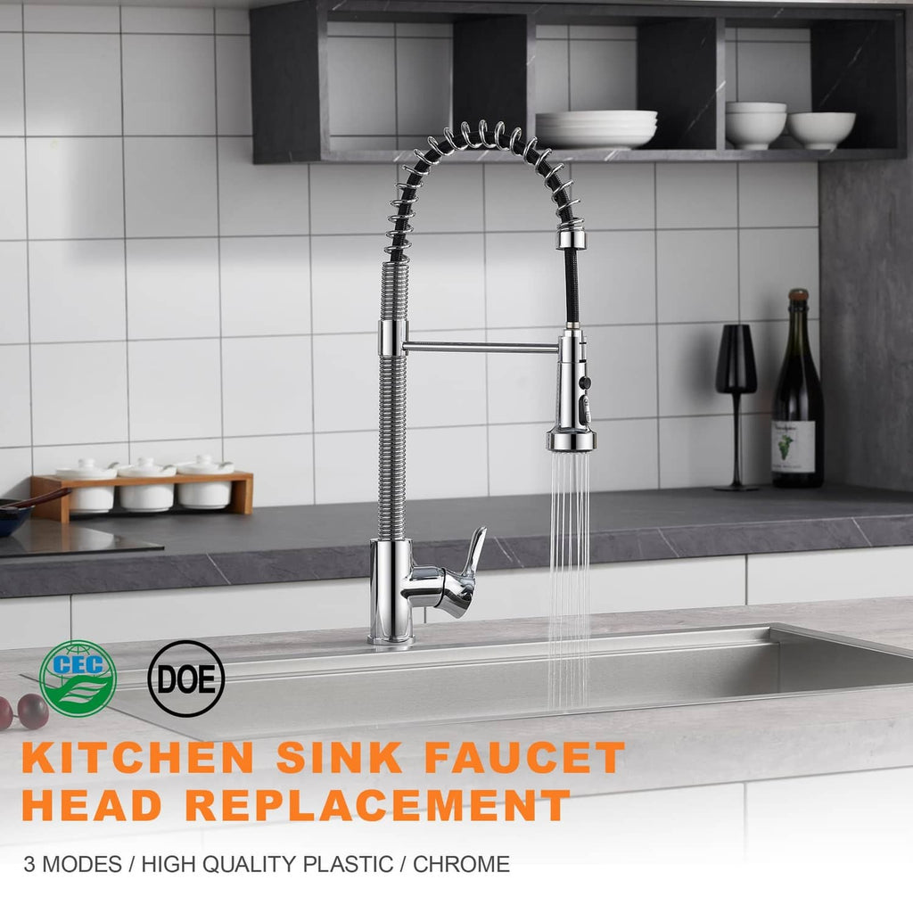 Chrome kitchen faucet spray head replacement with pull-down hose and water flow