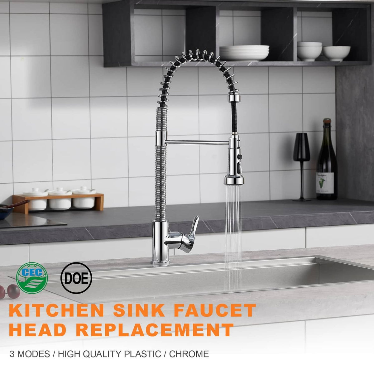 Chrome kitchen faucet spray head replacement with pull-down hose and water flow