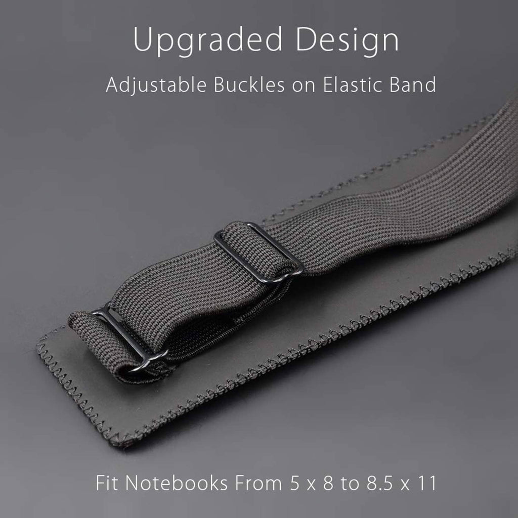 Black elastic band with adjustable buckle loops for securing a pen sleeve.